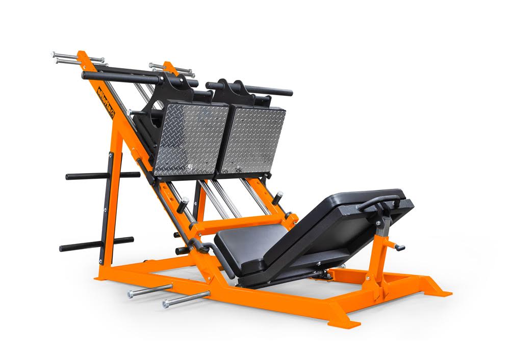 Orange and black leg press machine on a white background