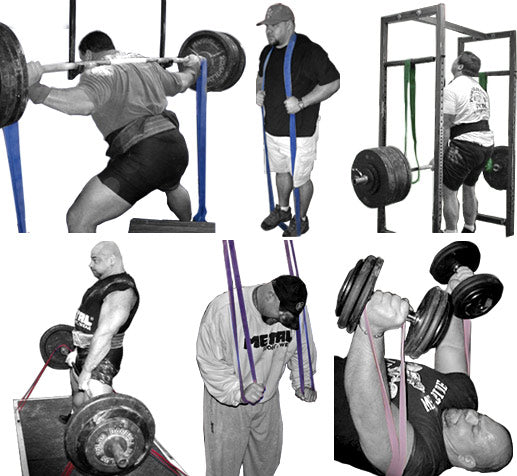 Collage of a person performing various weightlifting exercises with resistance bands.