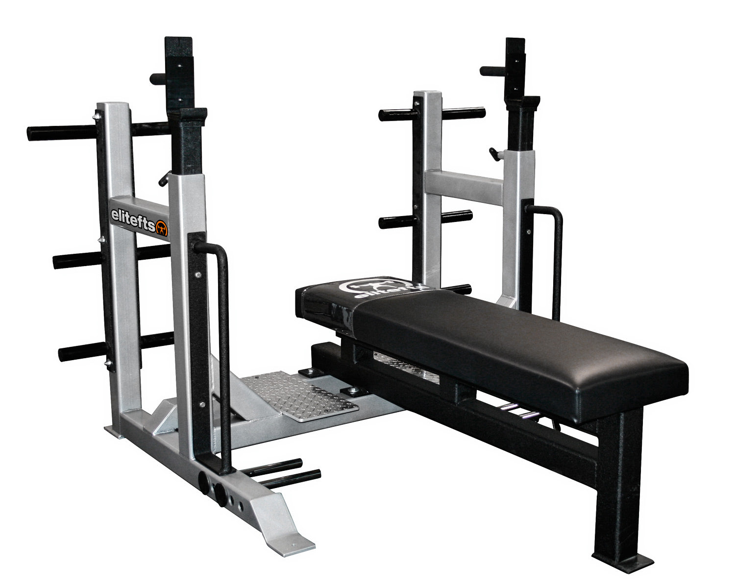 Weight lifting bench and rack with 'elitefts' branding on a white background
