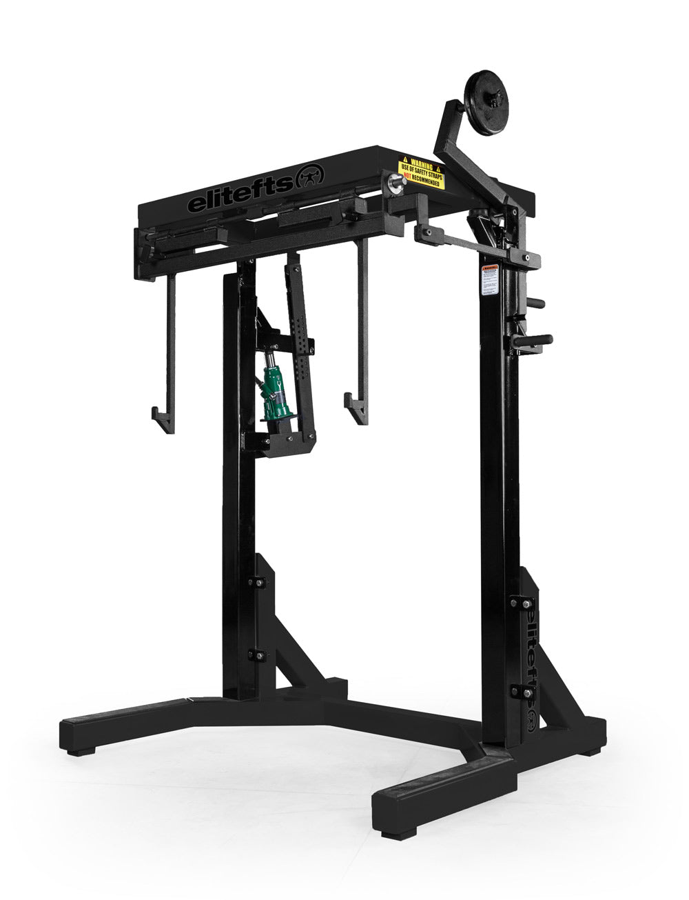 Black weightlifting pulley system on a white background